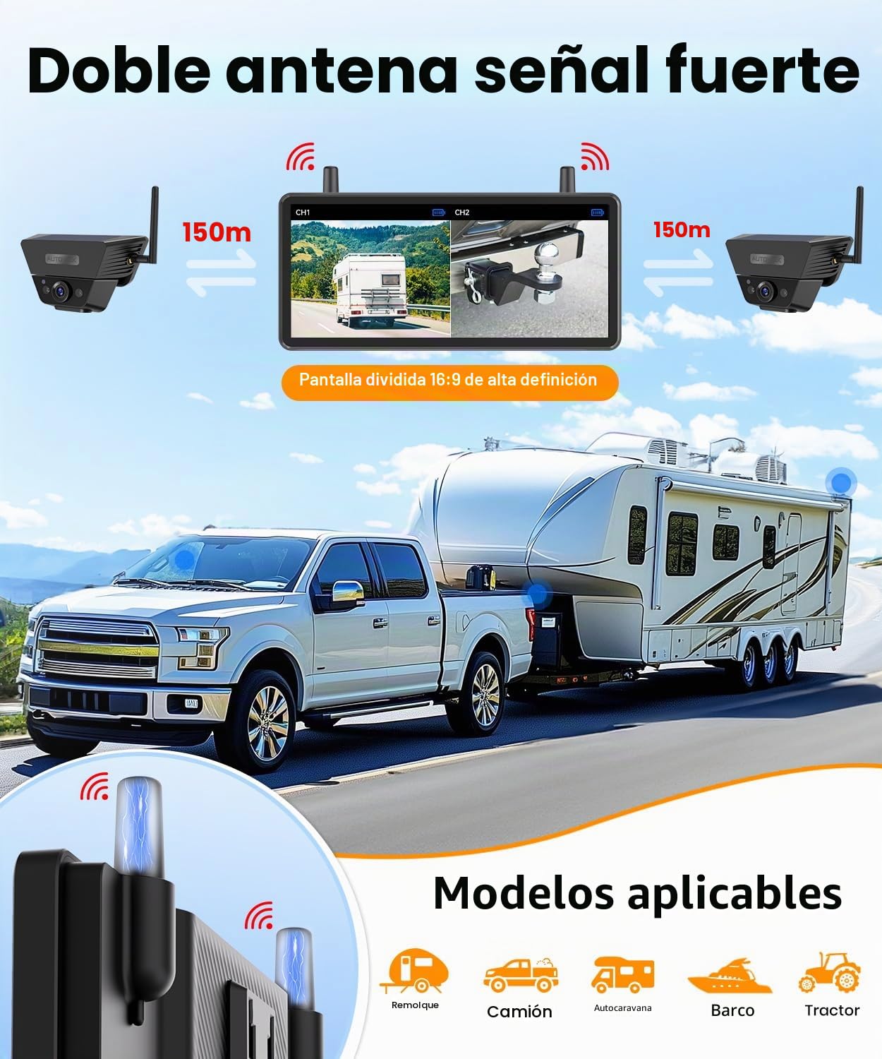 Cámara solar de respaldo inalámbrica para caravanas y remolques, sin instalación, monitor HD 1080P de 7.2 pulgadas, sistema de cámara dual, cámara de visión trasera magnética fuerte a prueba de