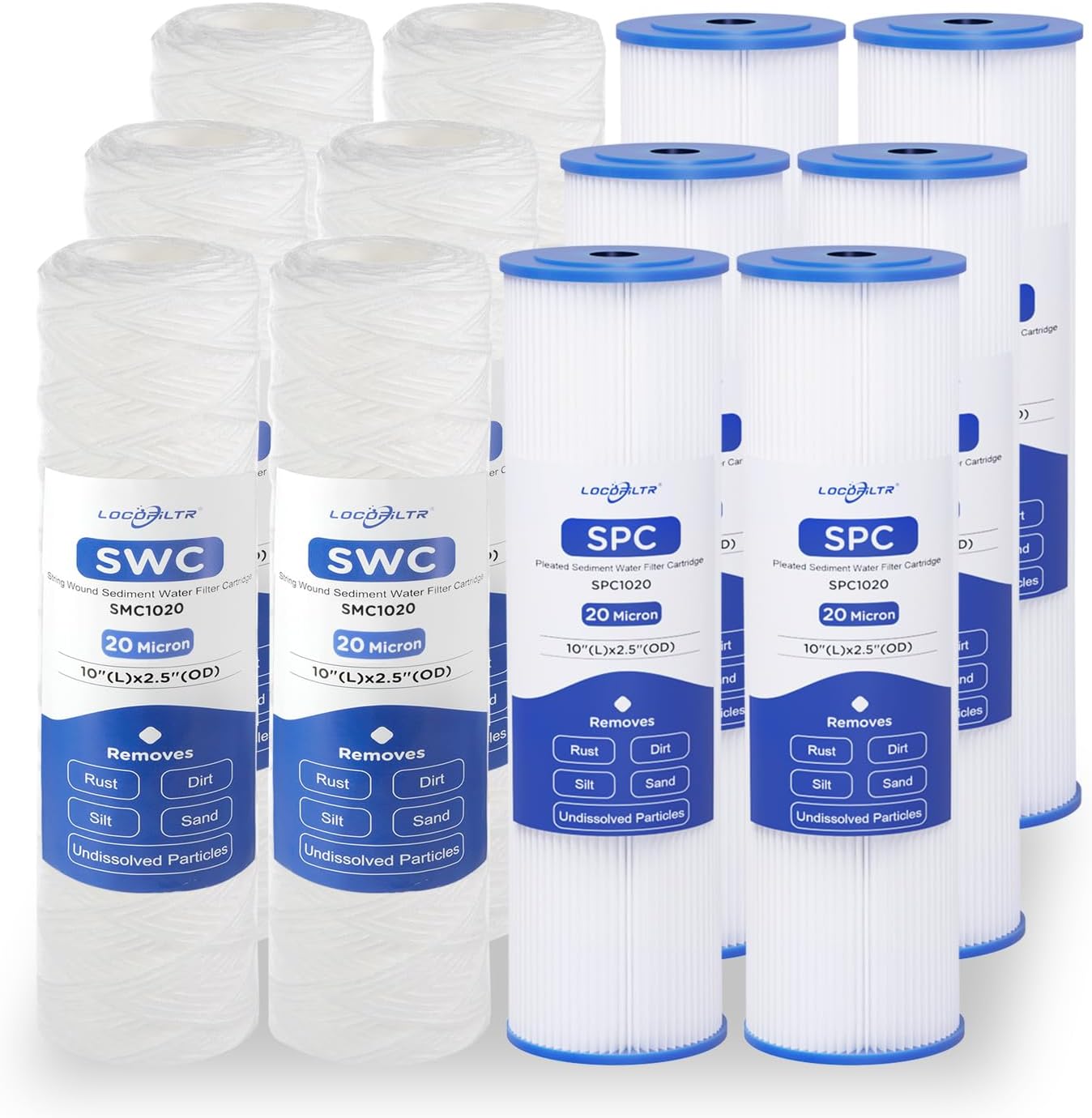 Cartucho de filtro de agua de pozo de sedimento plisado de 20 micrones y 20 micrones, 10 x 2.5 pulgadas, paquete de 12