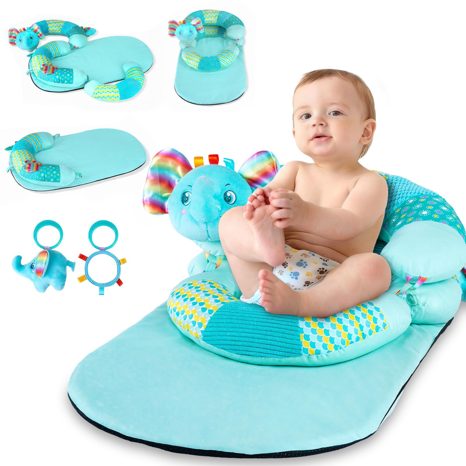Weinsamkeit Baby Spielzeug 3 6 9 12 Monate, Tummy Time Toys, 3 in 1 Abnehmbares Elefant Spielkissen, Bauchlage Helfen Sitzen Stützen Babyspielzeug 0-12 Monate mit Rassel, Spiegel, Beißring