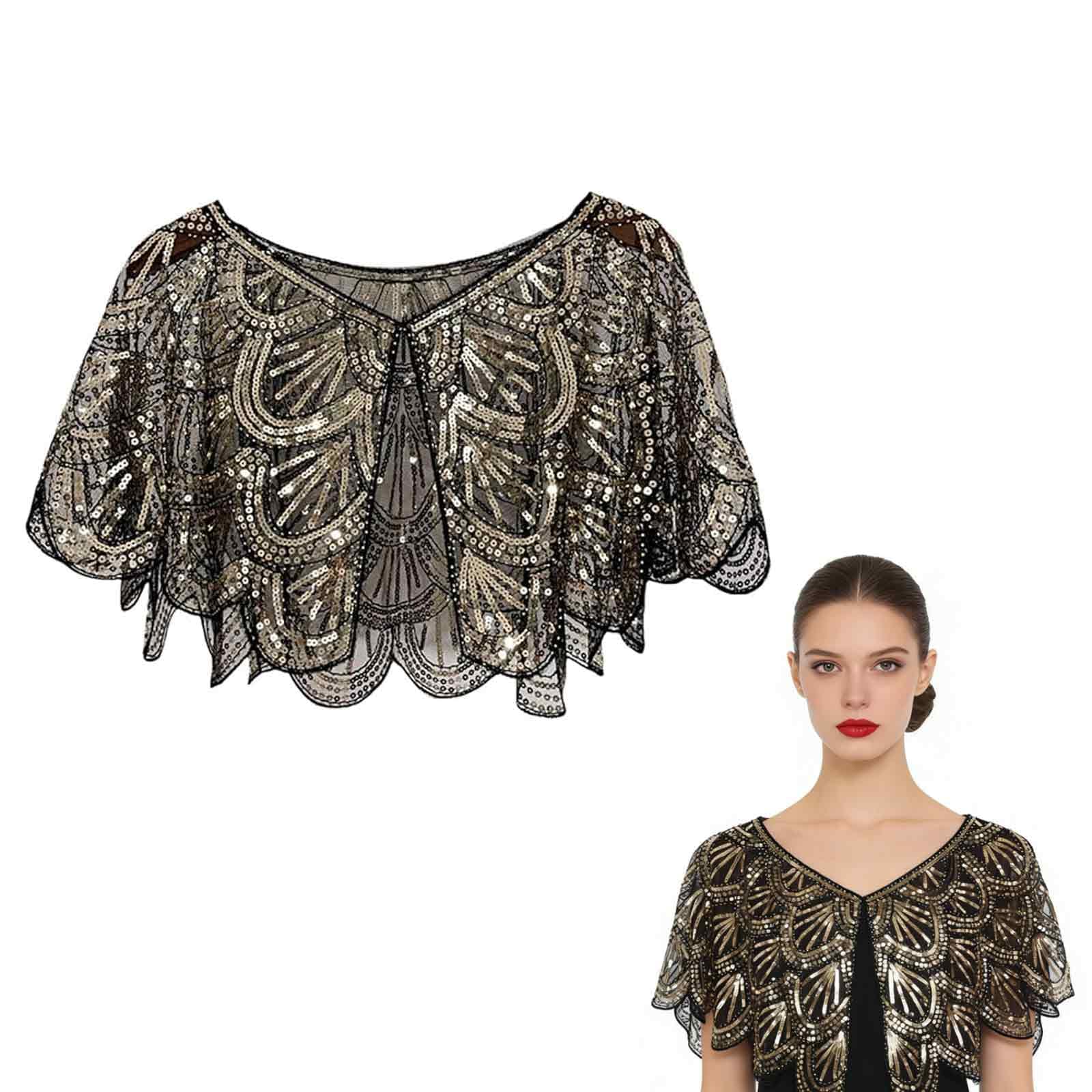 1 Piece Capes for Women Stylish, Golden Beaded Net Cape with Sequin Details, Elegant Shrug for Weddings and Formal Events, Perfect for Off Shoulder Dresses and Western Styles (Black)