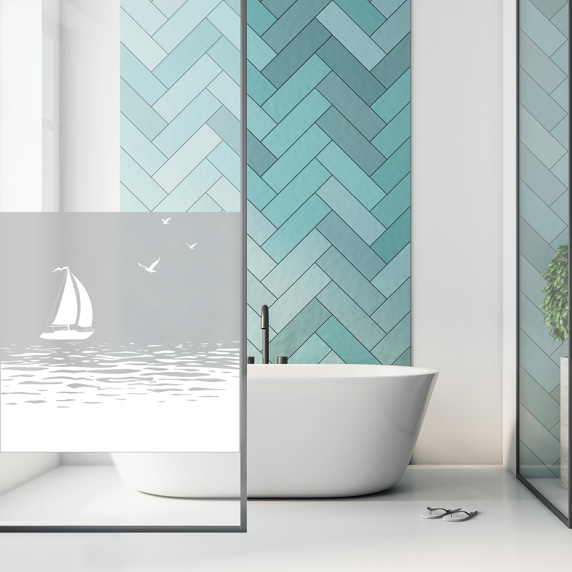 Wandtattoo Loft Sichtschutzfolie Duschkabine mit maritimem Segelboot Motiv, Wunschmaß in schwarz oder weiß, Klebefolie für Duschglastüren, Duschwand Folie Wasserfest, Klebefolie für Duschkabine
