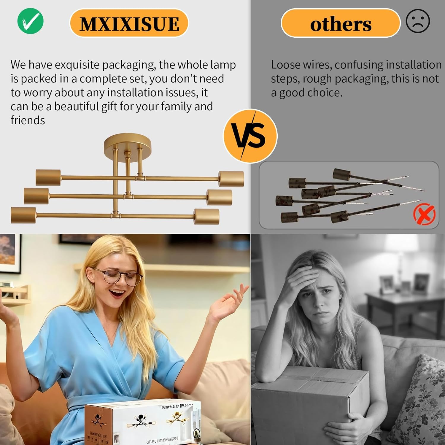 Gold Modern Sputnik Chandelier Ceiling Light Fixtures,6-Lights Industrial Metal Semi Flush Mount Ceiling Light for Bedroom Dining Room Living Room Kitchen Hallway UL Listed