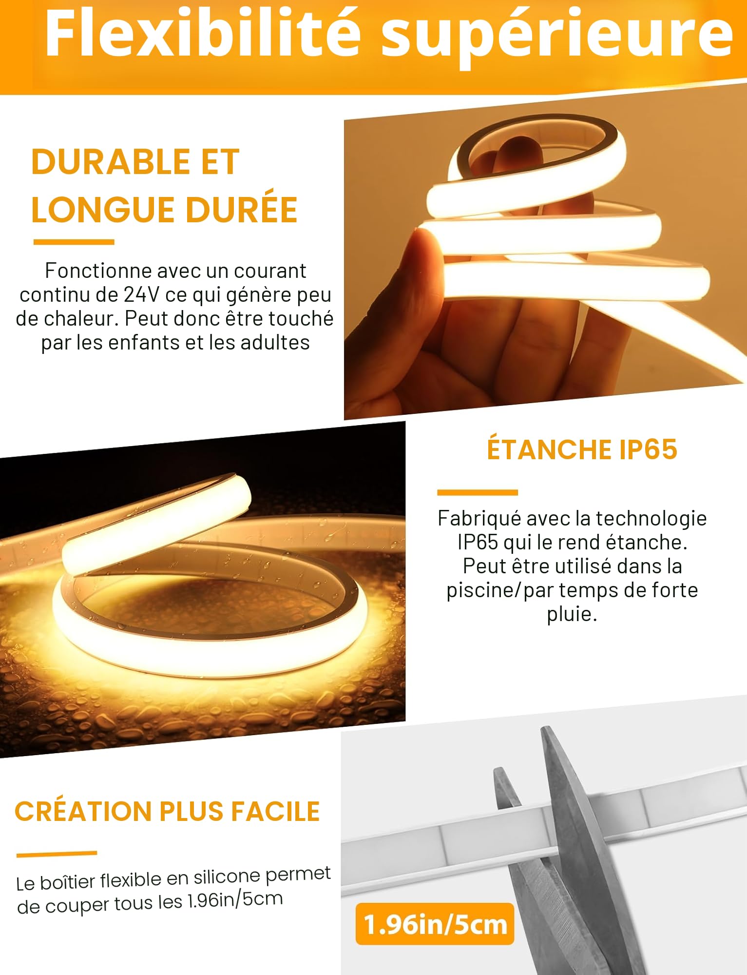 Lamomo Bandeau LED COB 10M, Blanc chaud Ruban Led avec Télécommande, IP65 étanche, Flexible, 3000K, Largeur 10mm, Dimmable, Silicone, Découpable, 24V Néon Strip pour Cuisine, Chambre, CRI 90