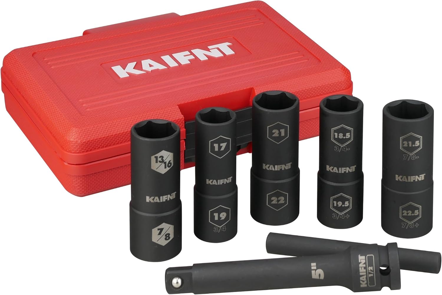 K231 Extra Thin Wall Impact Flip Socket and Knockout Bar Set with Half Sizes, Lug Nut Sockets, 1/2-Inch Drive, 7-Piece