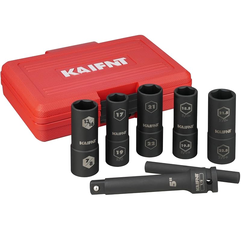 Kit de soquetes de impacto reversíveis de parede fina KAIFNT K231 com barra extratora, acionamento de 12,7 mm (1/2 pol.), 7 peças