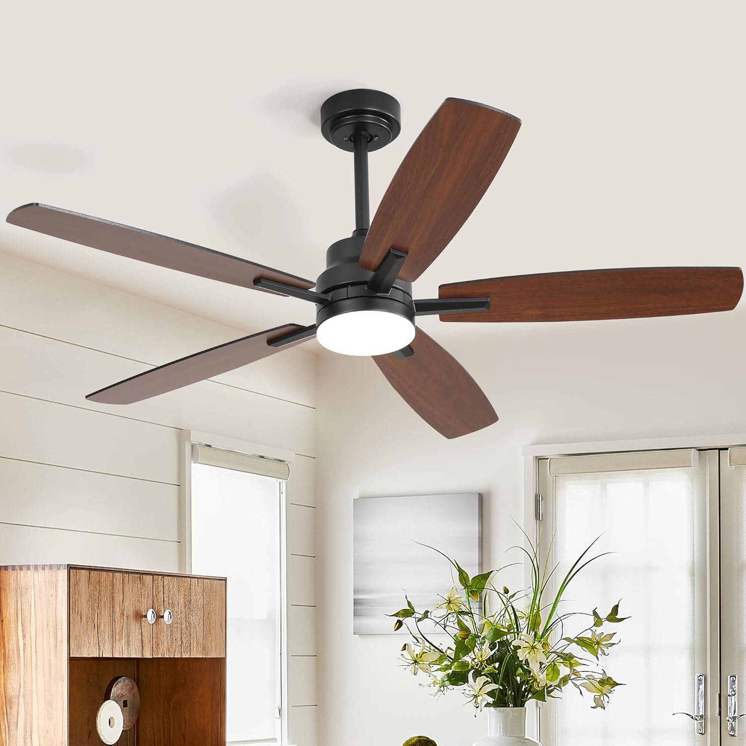 ARTPLAN 52 Inch Ceiling Fan with Light, Remote Control - 6-Speed Quiet DC Motor, Dimmable LED, Flush Mount for Bedroom/Living Room,Black