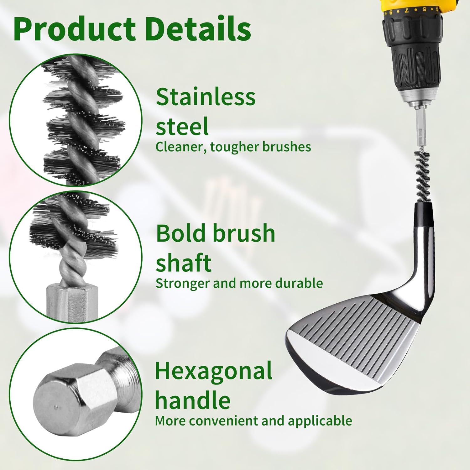 4 PCS Golf Club Cleaning Brush Set, Stainless Steel Golf Clubs Head Hosel Brush 1/4" Hex Shank Brass Hosel Wire Brush, Electric Drill Wire Brush Tool for Deep Cleaning Wood and Iron Debris