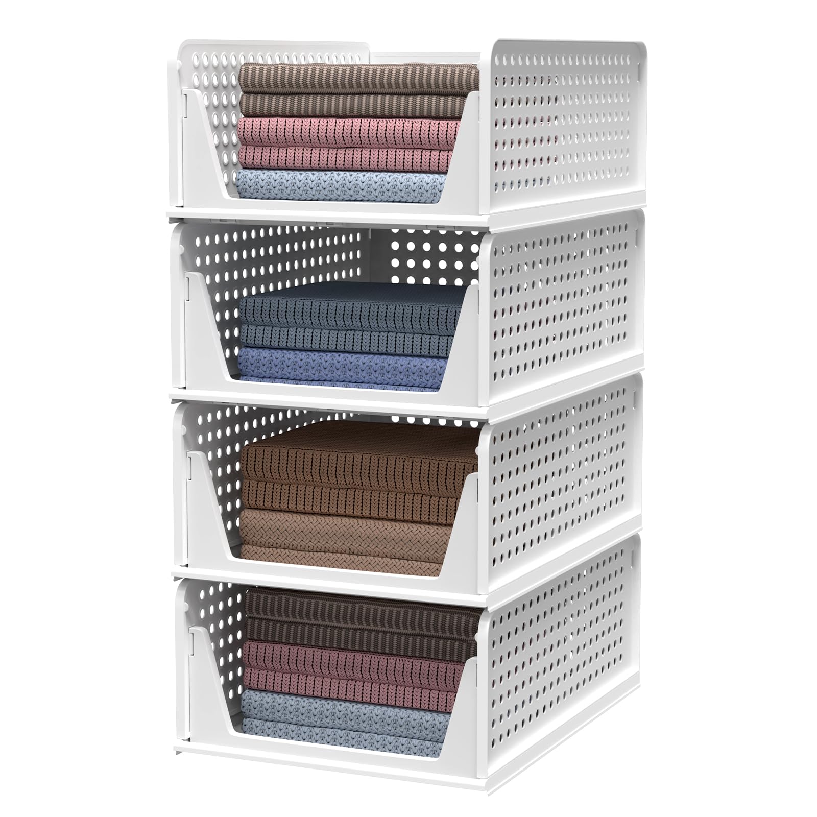 VickyHome Stackable Wardrobe Storage, Set of 4 Foldable Drawers Stackable Storage Drawers Folding Wardrobe Easy Pull Out Stackable Drawers for Closet, Cabinet, Pantry, White