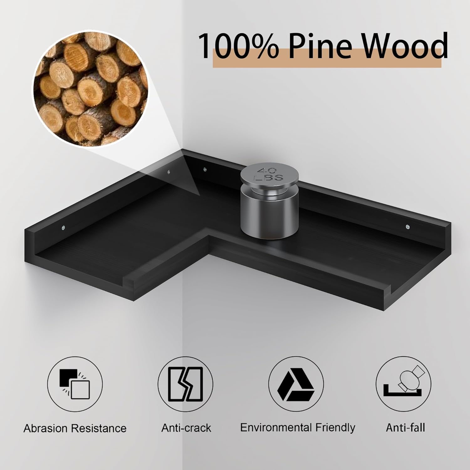 4-Tier L-Shaped Pine Wood Wall Shelf - Floating Corner Shelves with Lip, Black, Modern, Living Room, Bedroom, Bathroom Storage