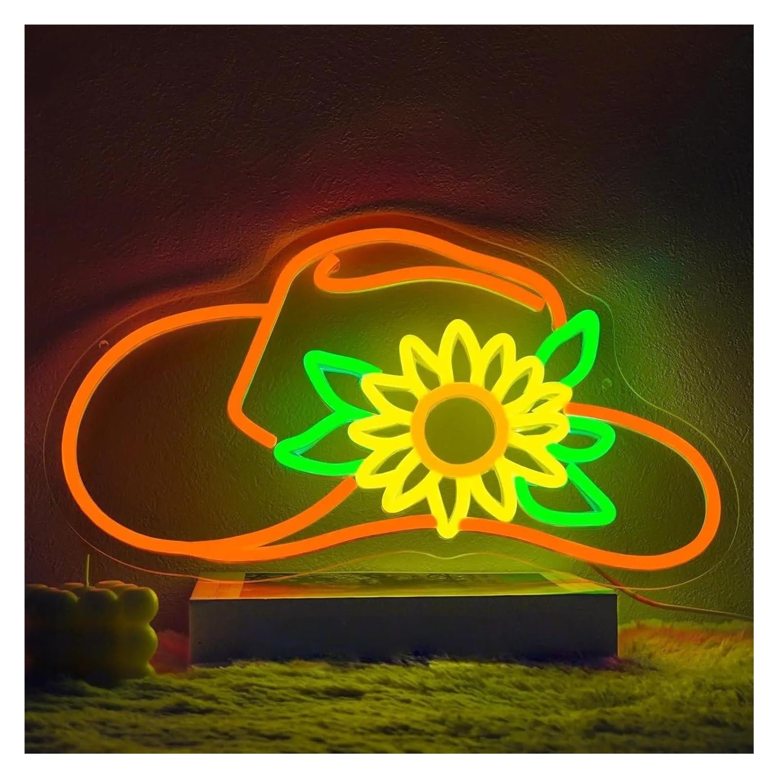 XENITE Hanging Art Neon Signs Sunflower Hat Neon Sign Cowboy Hats LED Light Dimmable for Flower Shop Bedroom Man Cave Bar Pub Farm Party Club Decor USB Powered 40cmx23cm