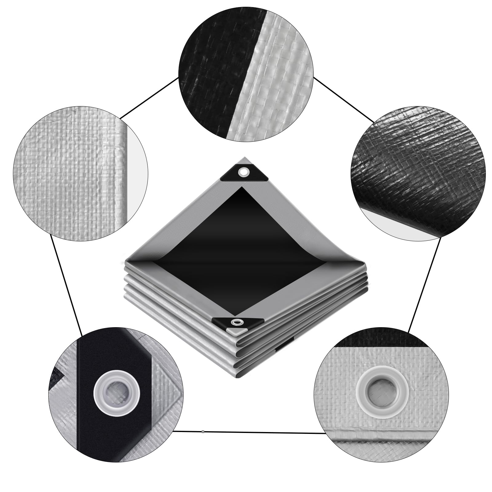 WOLTU Plandeka 180g/m² z oczkami na grill samochodowy trampolina wodoodporna, odporna na rozdarcia,4x6m Szary+Czarny
