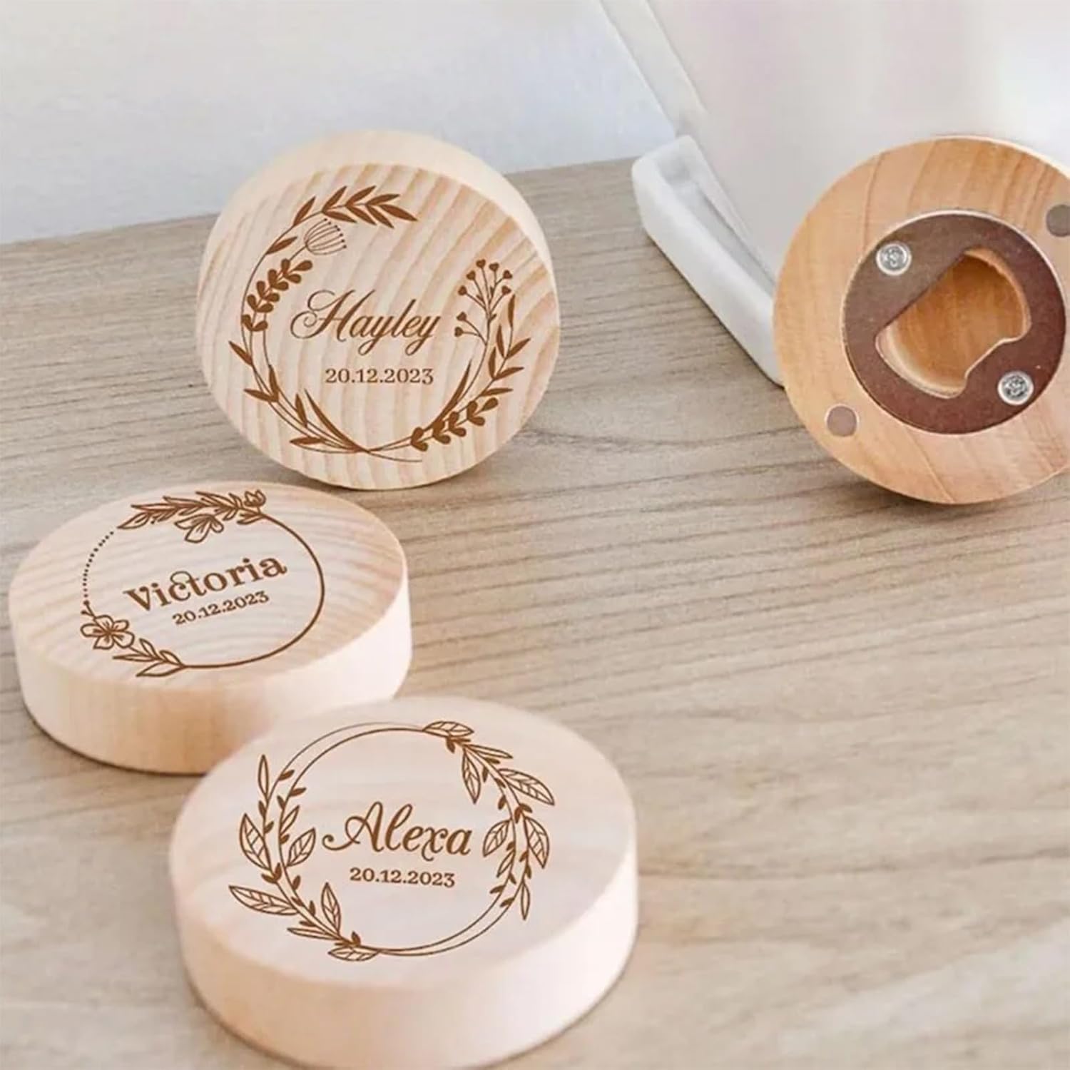 Personalized Wood Bottle Opener,Wedding Favor,Custom Wooden Round Bottle Opener, Wedding Party Favor (30Pcs)