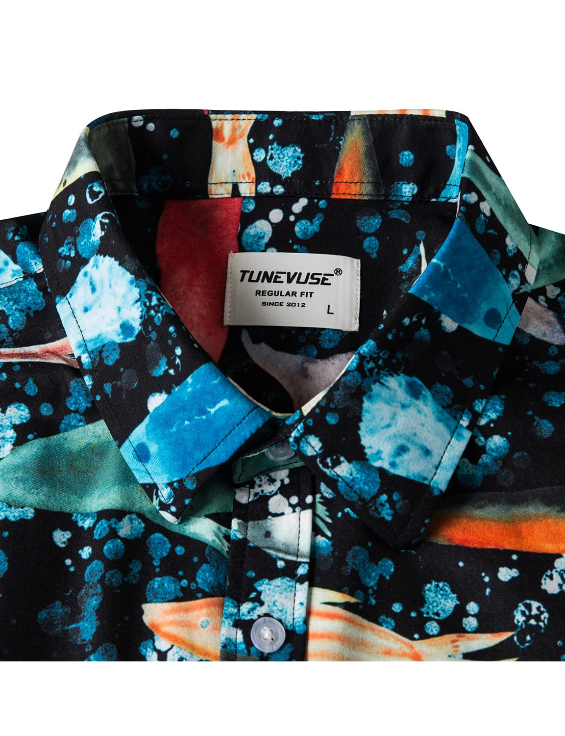 TUNEVUSE Camicia Hawaiana da Uomo con Pesci a Maniche Corte Tropicale da Spiaggia con Bottoni Nera XL