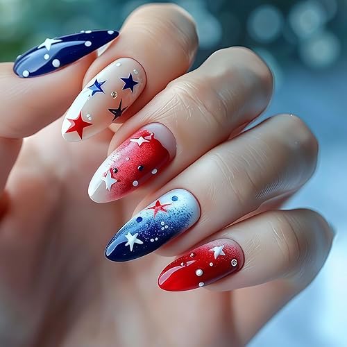 4th of July Press on Nails Almond Fake Nails with