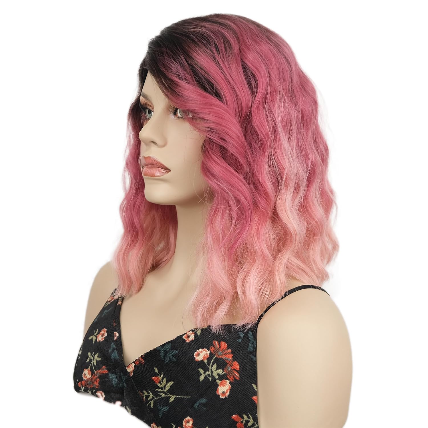 Wiginway Short Bob Wig for Womem, Natural Looking Soft Synthetic Wavy Wigs for Party Cosplay Halloween,10'' (pink ombre with dark root)