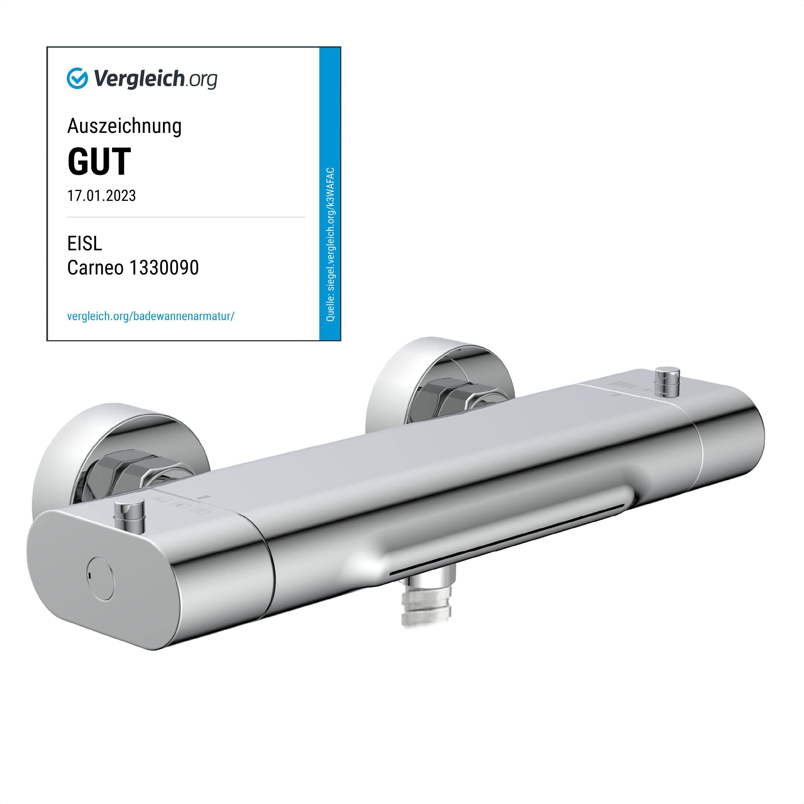 EISL 1330090 CARNEO, rubinetto vasca da bagno, miscelatore con controllo termostatico, bocca a cascata, blocco di sicurezza a 38°C, miscelatore vasca da bagno, cromo