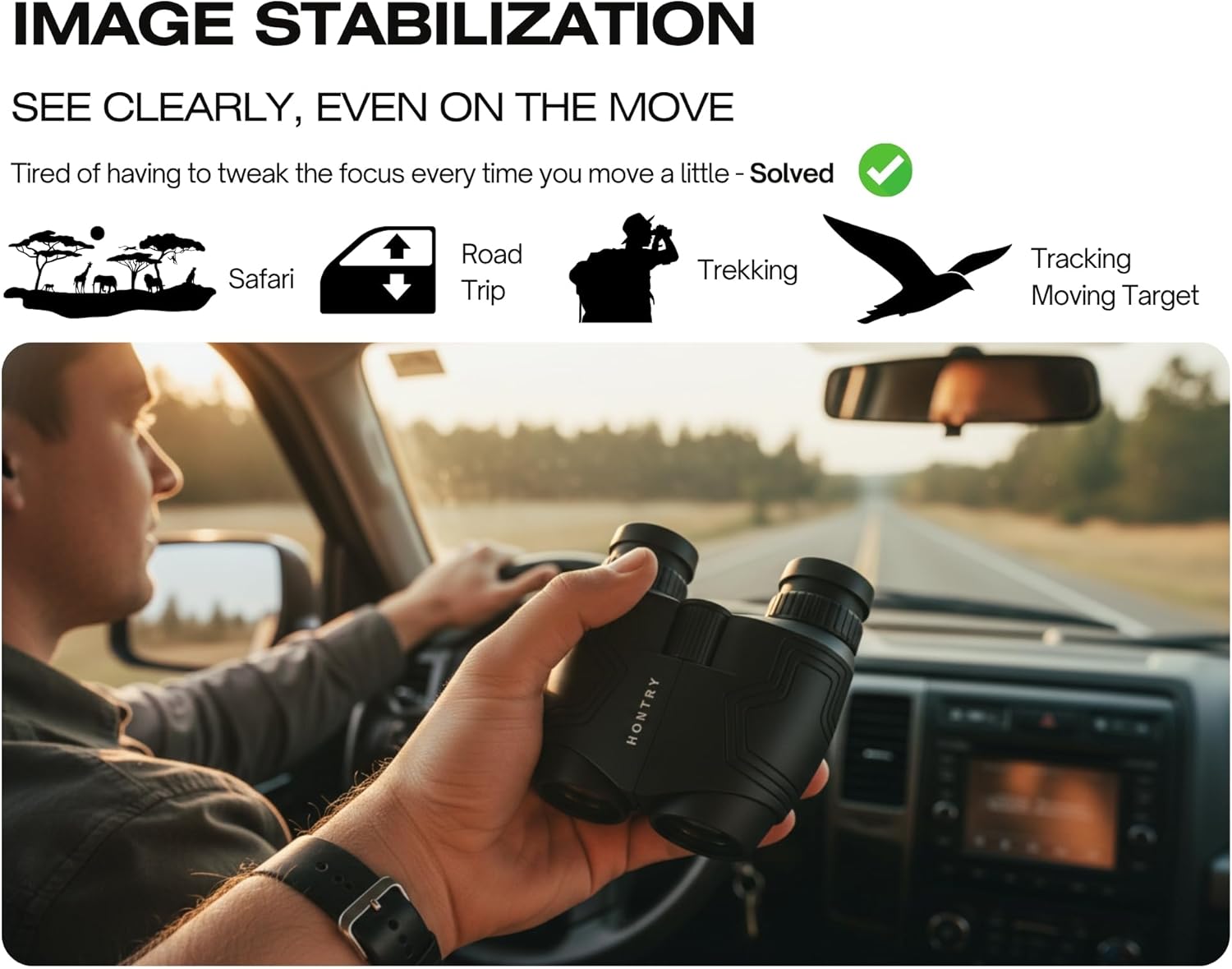 Hontry Travel Binoculars for Adults and Kids, Easy-Focus and Image Stabilization with Close Focus (Black,12x25)