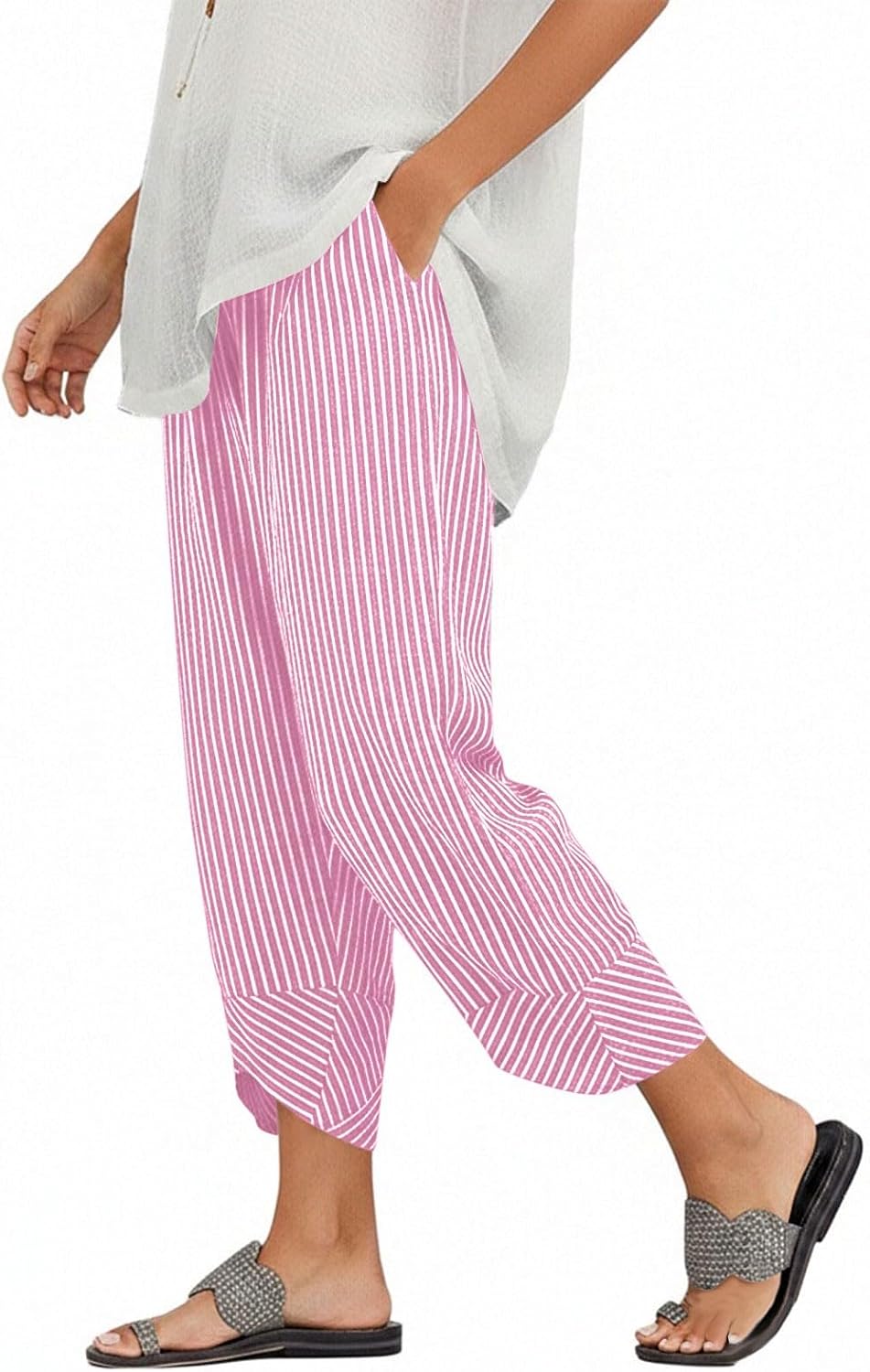 Striped Linen Pants for Women Summer Wide Leg Cropped Palazzo Trousers Casual Comfy Capri Baggy Pants with Pockets