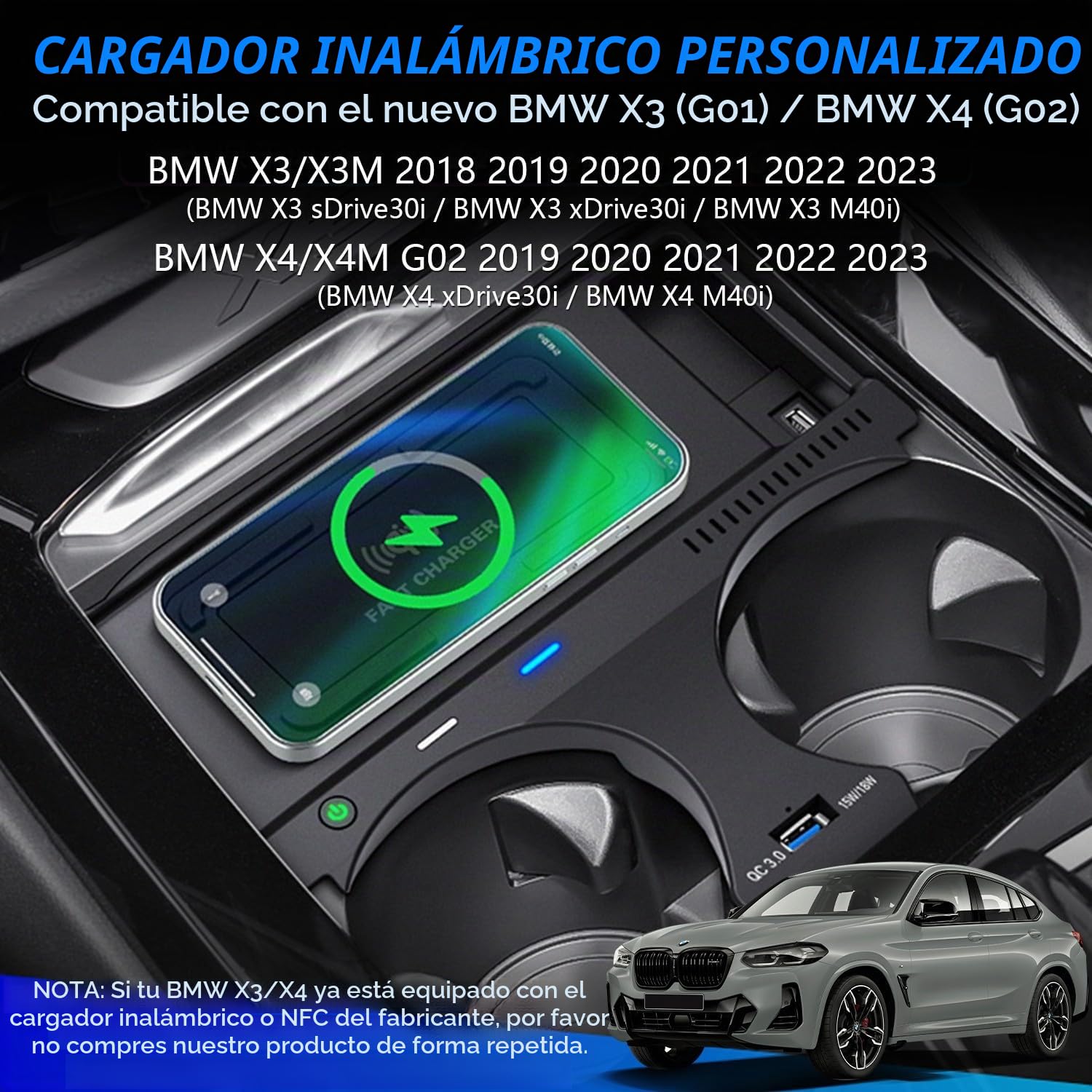 Cargador Inalámbrico Coche para BMW X3/X3M G01 2018-2023 BMW X4/X4M G02 2019-2023, Carga Rápida Teléfono Cargador para BMW X3 sDrive30i/X3 xDrive30i/X3 M40i/X4 xDrive30i/X4 M40i Accesorios