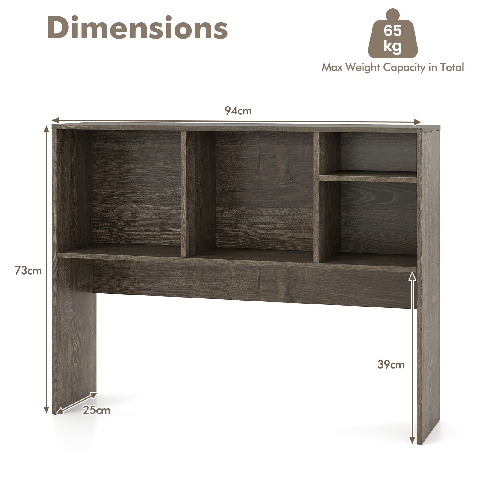 HOMASIS Libreria da Scrivania con 5 Scomparti, Scaffale da Scrivania in Legno, Espositore Mensola Aperta con Piedini Antiscivolo e Dispositivo Antiribaltamento, 94 x 25 x 73 cm (Grigio Scuro)