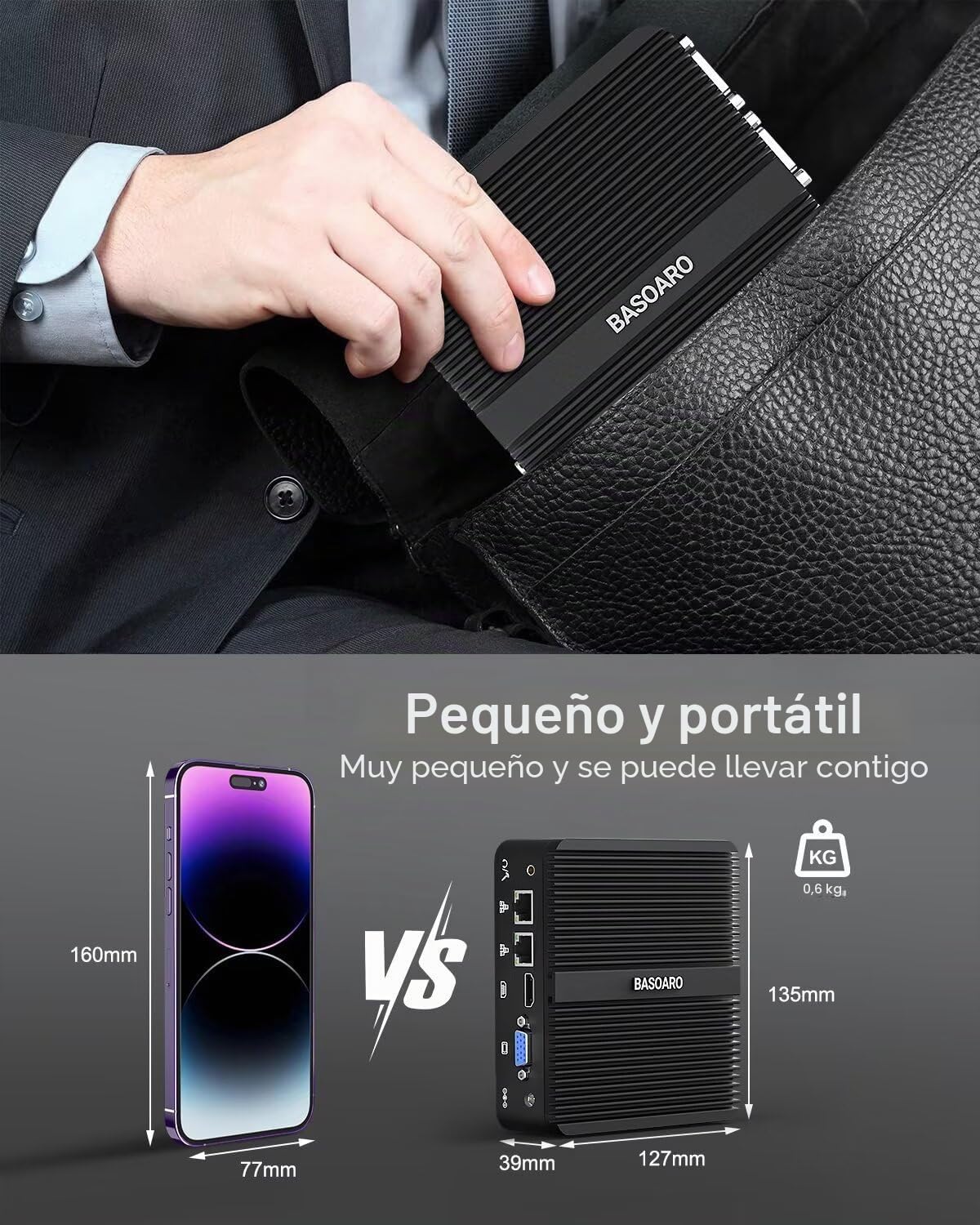 BASOARO PC Industrial Mini PC sin Ventilador J5005, Fanless Computer, 8GB RAM 128GB SSD, Gigabit Ethernet, Doble Pantalla HD VGA, 2 RS232 COM, WiFi de Doble Banda, BT, Win 11 Pro