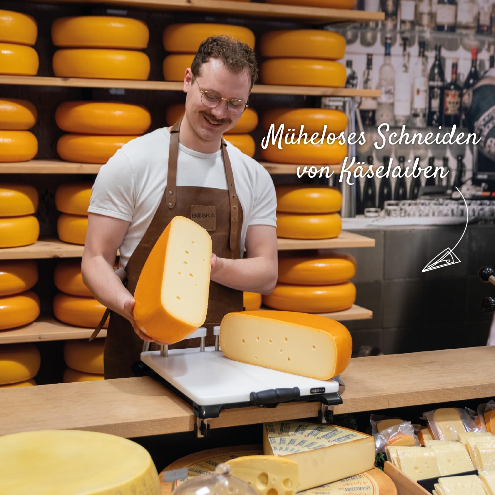 BOSKA Cheese-O-Matic Black – Premium Käseschneidemachine - Professionelle Käsewerkzeuge - Für Hartkäse wie Gouda und Cheddar - Käseschneider mit Draht - Kompakt - Ersatzdrähte - Rutschfest