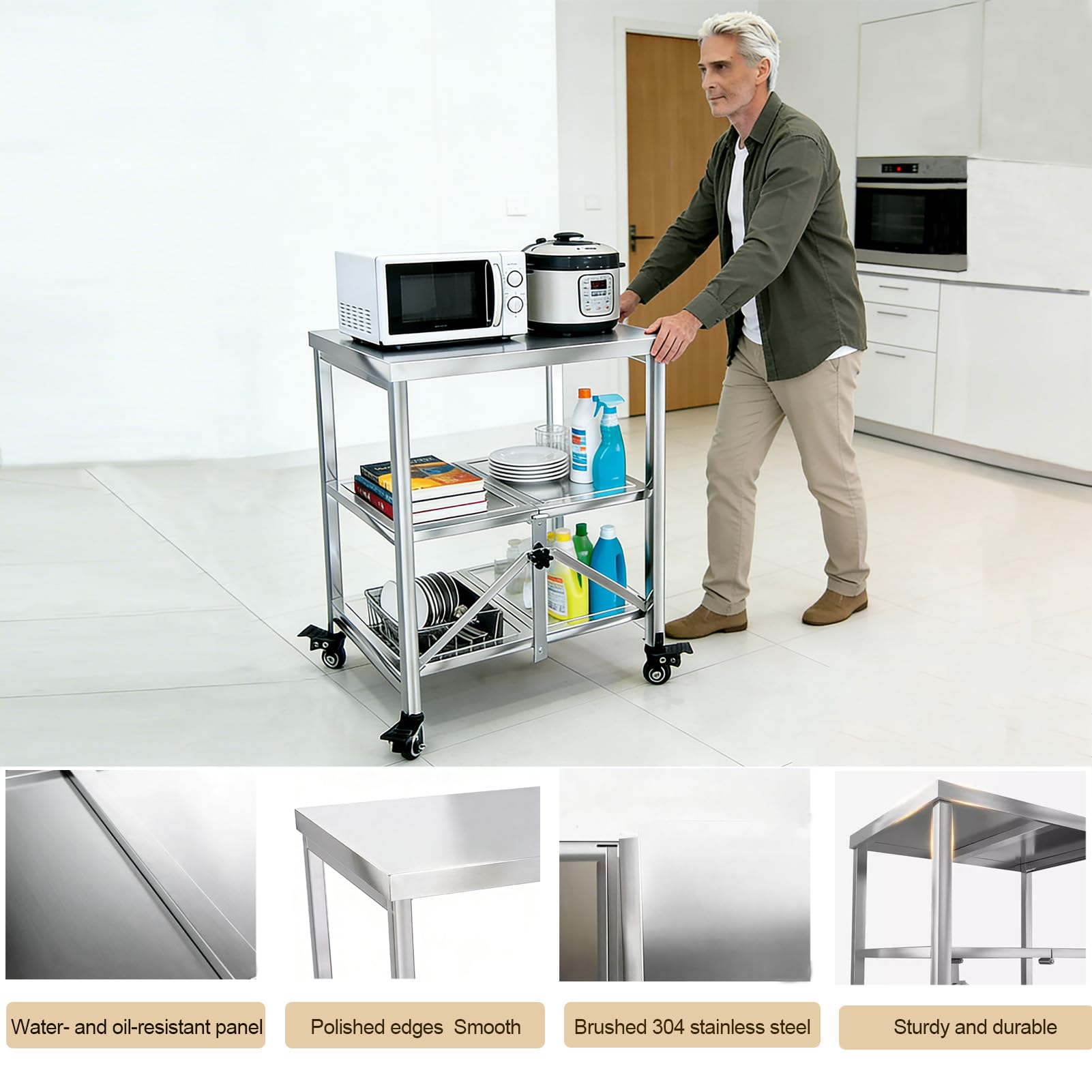 EAGMAK Carrello Portaoggetti 3 Ripiani In Metallo – Verde – Con Ruote Bloccabili E Maniglia – Per Cucina, Ufficio, Garage - 2