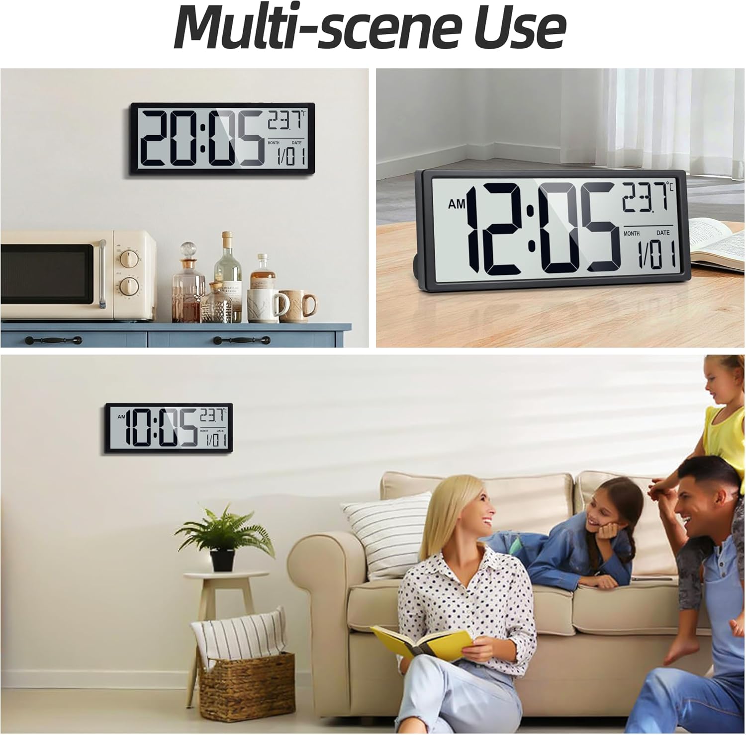 16" Large Digital Wall Clock Battery Operated with Big Display Numbers, Temperature and Date, Auto DST and Alarm, for Office, Classroom, Gym, Bedroom, Living Room