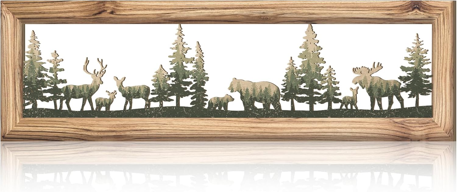 Wesiti Woodland Wildlife Wall Art 23.6 Inch Wood Frame Metal Rustic Forest Animal Wall Decor Farmhouse Lodge Cabin Picture Art Decor for Home Bedroom Living Room