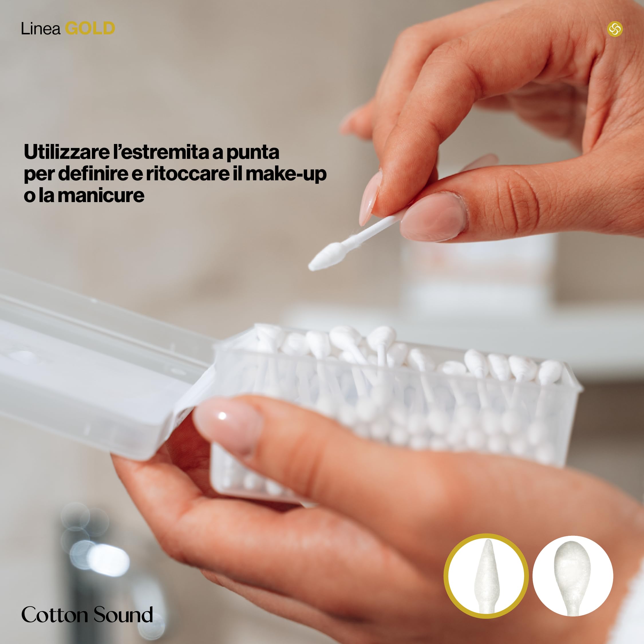 COTTON SOUND GOLD MAKE UP Applicatori Cosmetici Cotonati 24 confezioni x 80 Pezzi, Scatola in Carta Biodegradabile, 100% Puro Cotone Idrofilo, Ideali Trucco e Manicure, Made in Italy