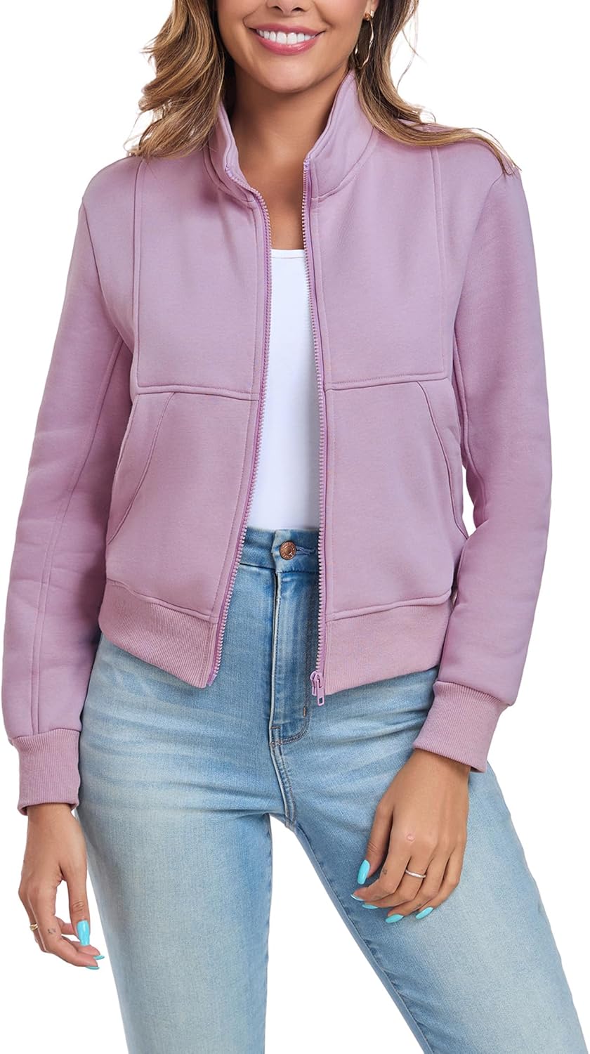Women's Full Zip Up Sweatshirts Fleece Jackets Stand Collar Long Sleeve Casual Outwear Fuzzy Warm Coat with Pocket