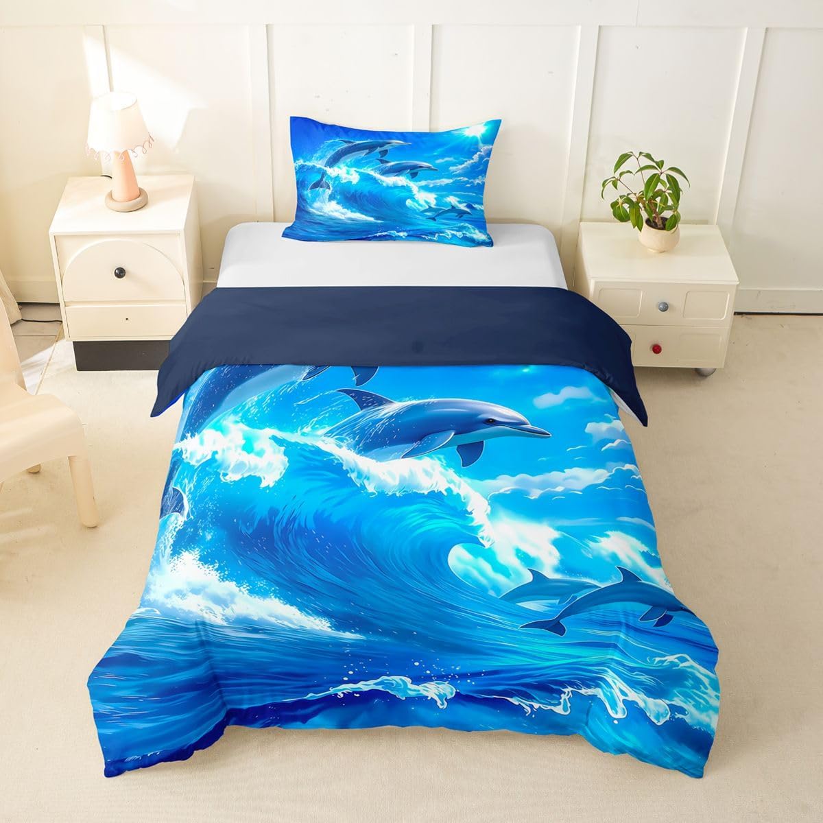 Erosebridal Cute Blue Dolphins Toddler Duvet Cover Ocean Junmping Animals Bedding Set Ocean Sea Wave Comforter Cover for Kids Boys Girls,Nautical Coastal Beach Bed Set