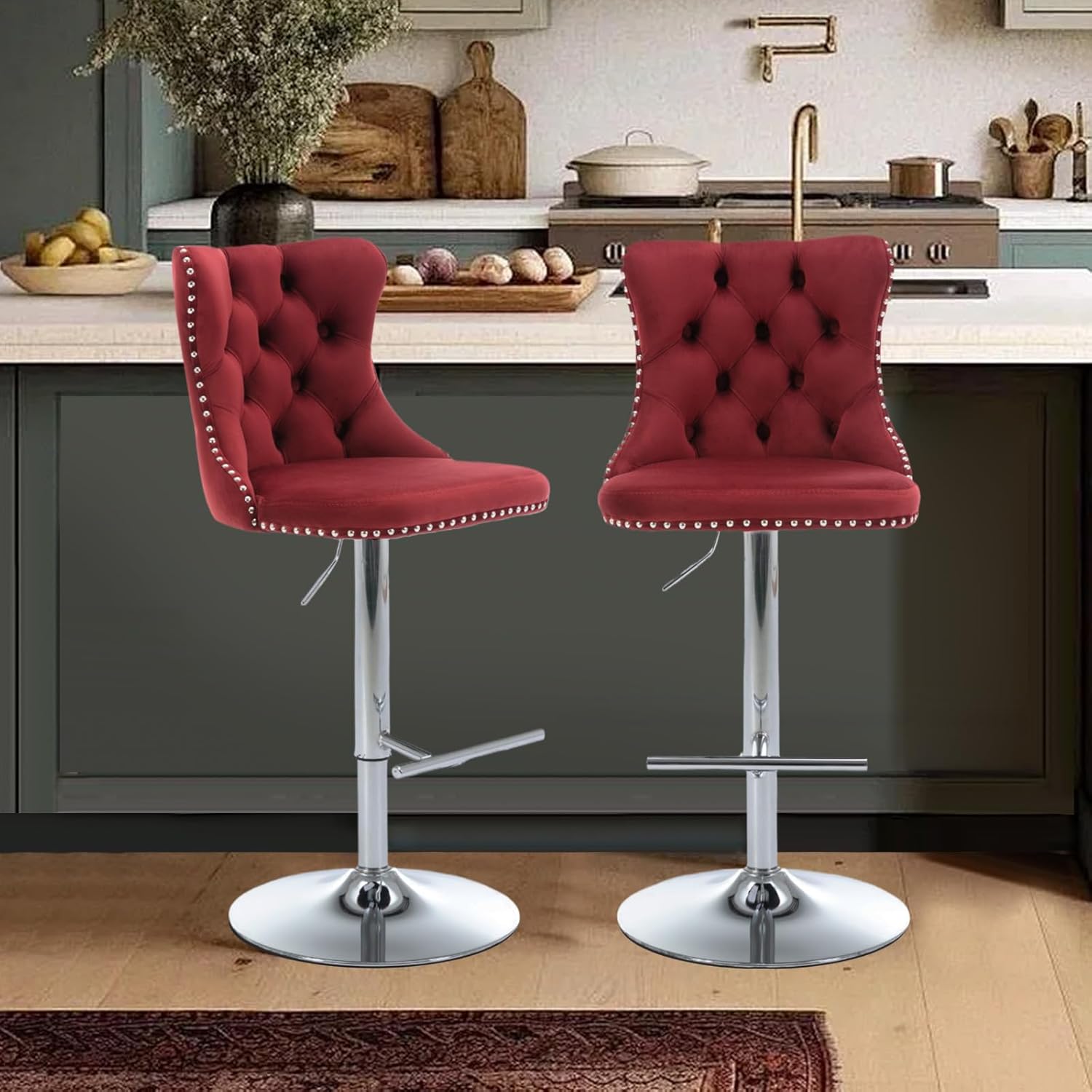 33’’ Velvet Swivel Bar Stools Set of 2 Kitchen Counter Adjustable Height Upholstered Barstools with Silver Leg and Back for Kitchen Island, Bar, Dining Room(Wine Red-Silver Leg,Set of 2)