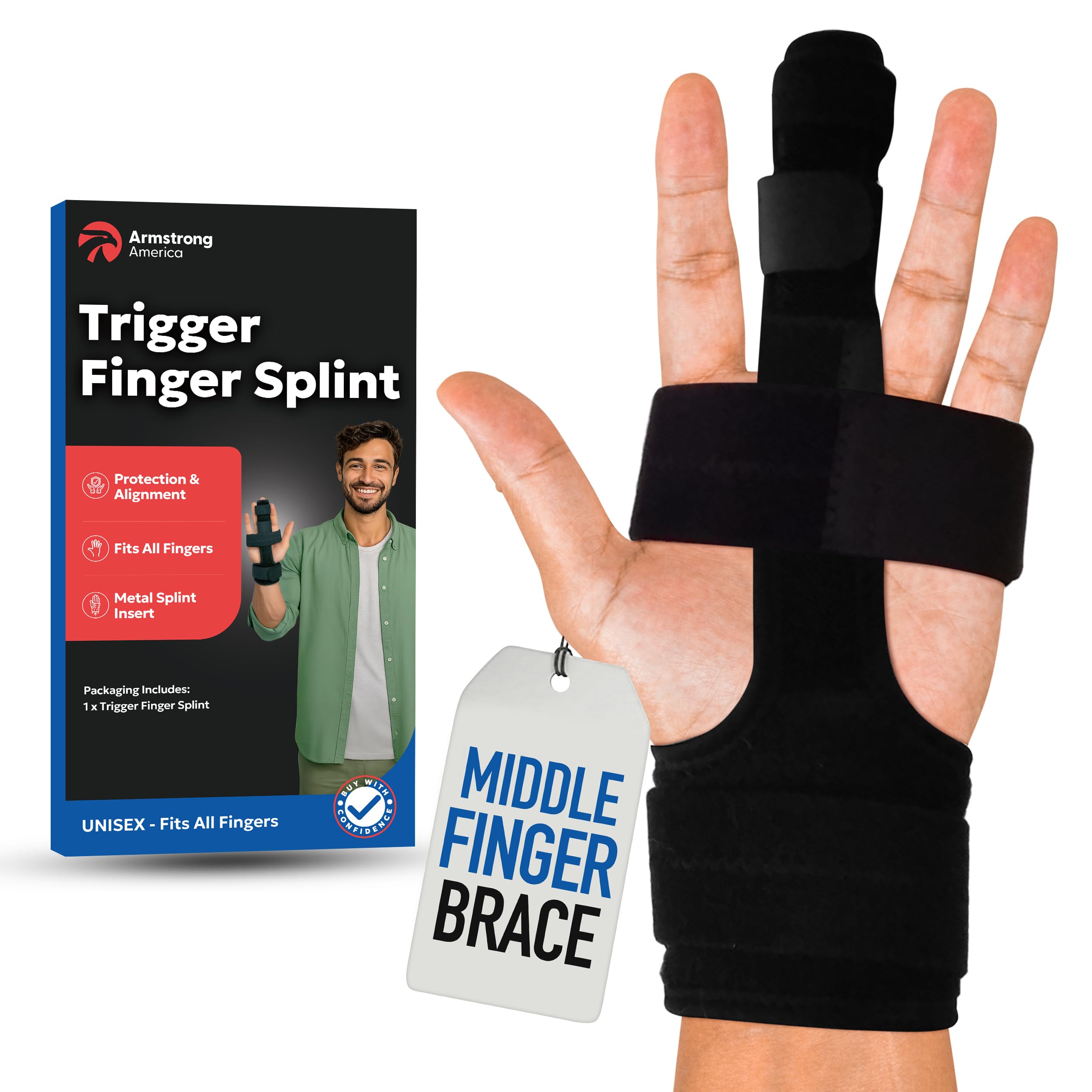 Trigger Finger Splint Middle Finger Brace | Middle Finger Splint For Broken or Fractured Middle Finger, Arthritis, Tendonitis, Tenosyvitis | Mallet Trigger Finger Straightener Immobilizer | S/M