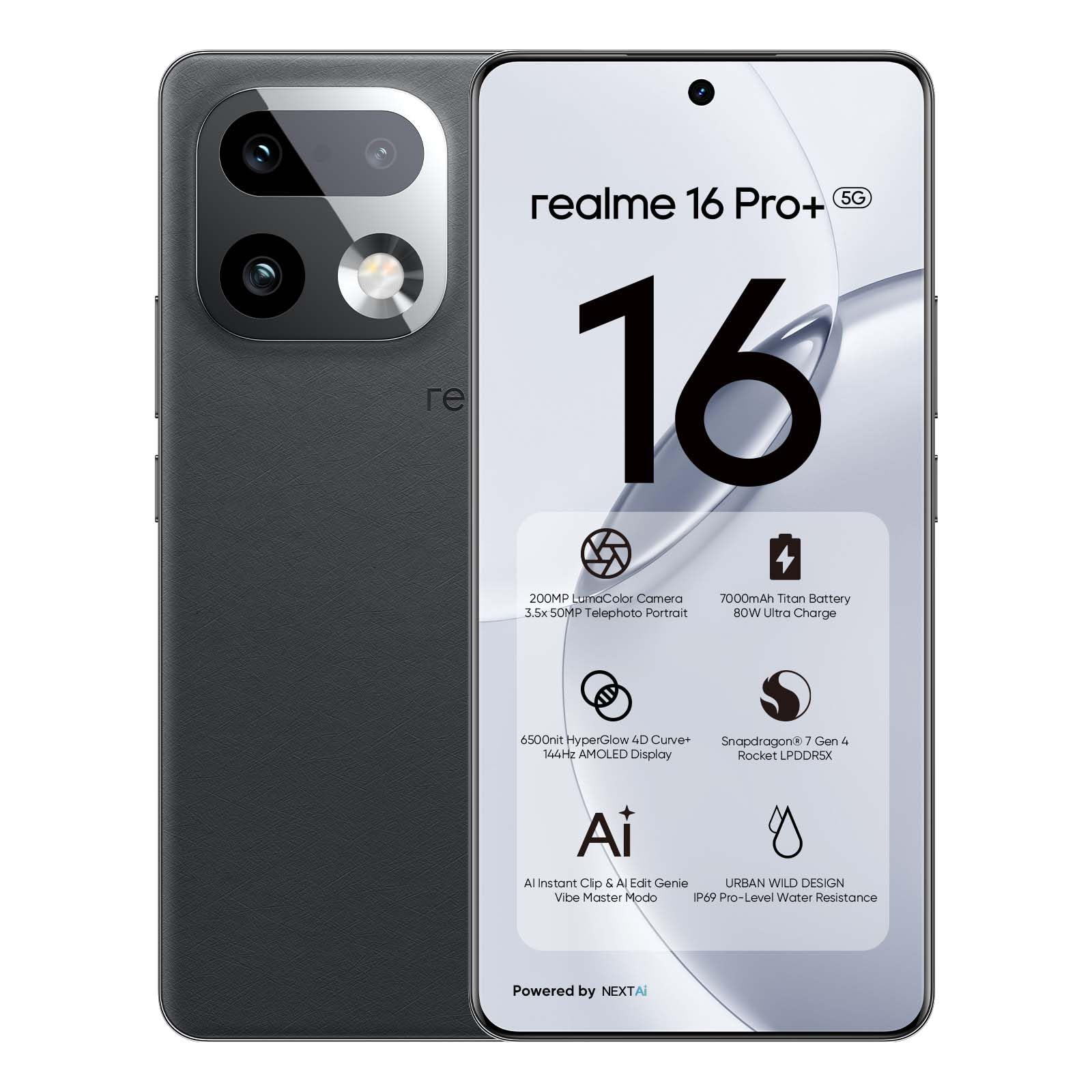 realme 16 Pro+ 5G Smartphone 12GB + 512GB, 200MP LumaColor Cámara + 50MP, Teléfono Móvil con Procesador Snapdragon® 7 Gen 4, Batería 7000mAh y Carga de 80W, Móviles de 6.8″ 144Hz AMOLED Pantalla, Gris