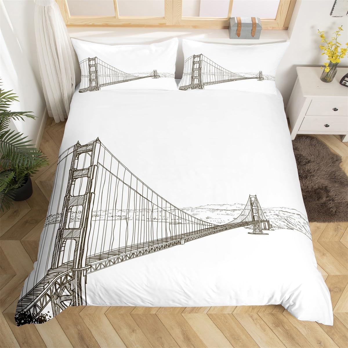 Erosebridal Golden Gate Bridge Duvet Cover, San Francisco Bedding Set Queen, Hand Drawn American Theme Architecture Comforter Cover, Ocean Mountain Room Decor Vintage White Quilt Cover