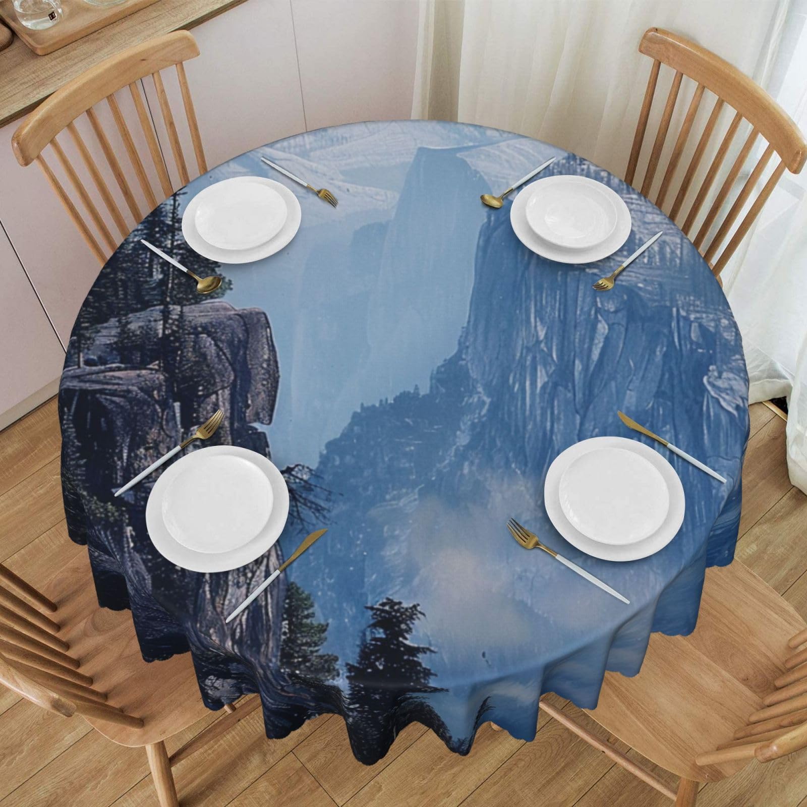 WPKJU Canadian Smokey Mountain Cliff Printed Round Tablecloth 60 Inch with Lace Trim, Water-Resistant Washable Table Cover for Farmhouse Weddings, Outdoor Picnics & Holiday Dining