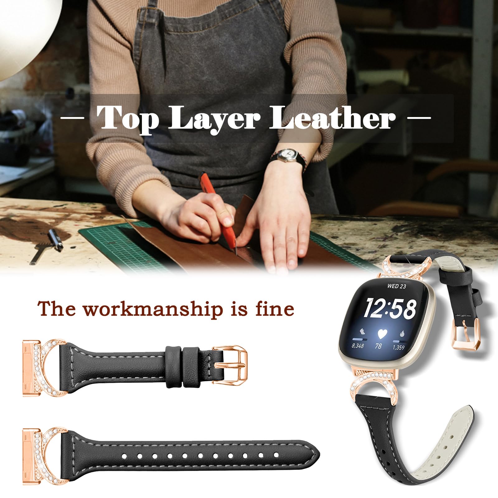 LDFAS - Cinturino in pelle compatibile con Fitbit Sense/Versa 3 Bands, 2 pezzi, accessorio da donna con fibbia in metallo nero, compatibile con smartwatch Fitbit Sense, Versa 3, marrone+nero
