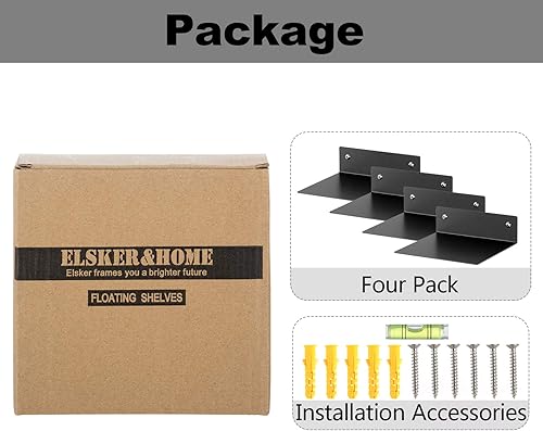Miniatura 4 de ELSKER&HOME Juego de 4 estantes flotantes pequeños, color negro, estantes flotantes de metal para montar en la pared, estanterías invisibles