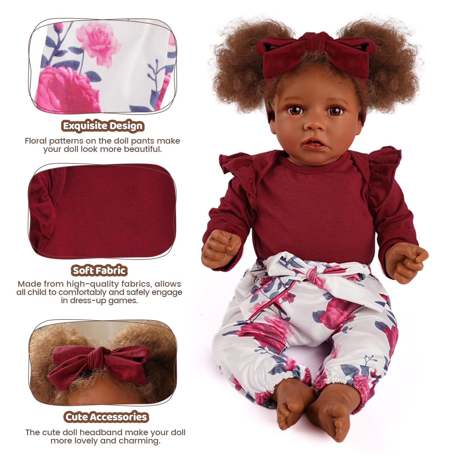 BABESIDE 3 Pcs Reborn Baby Doll Clothes for 17-22 Inch Babydolls, Floral Patterns Lifelike Baby Doll Accessories for Realistic Baby Dolls Girl, Wine Red