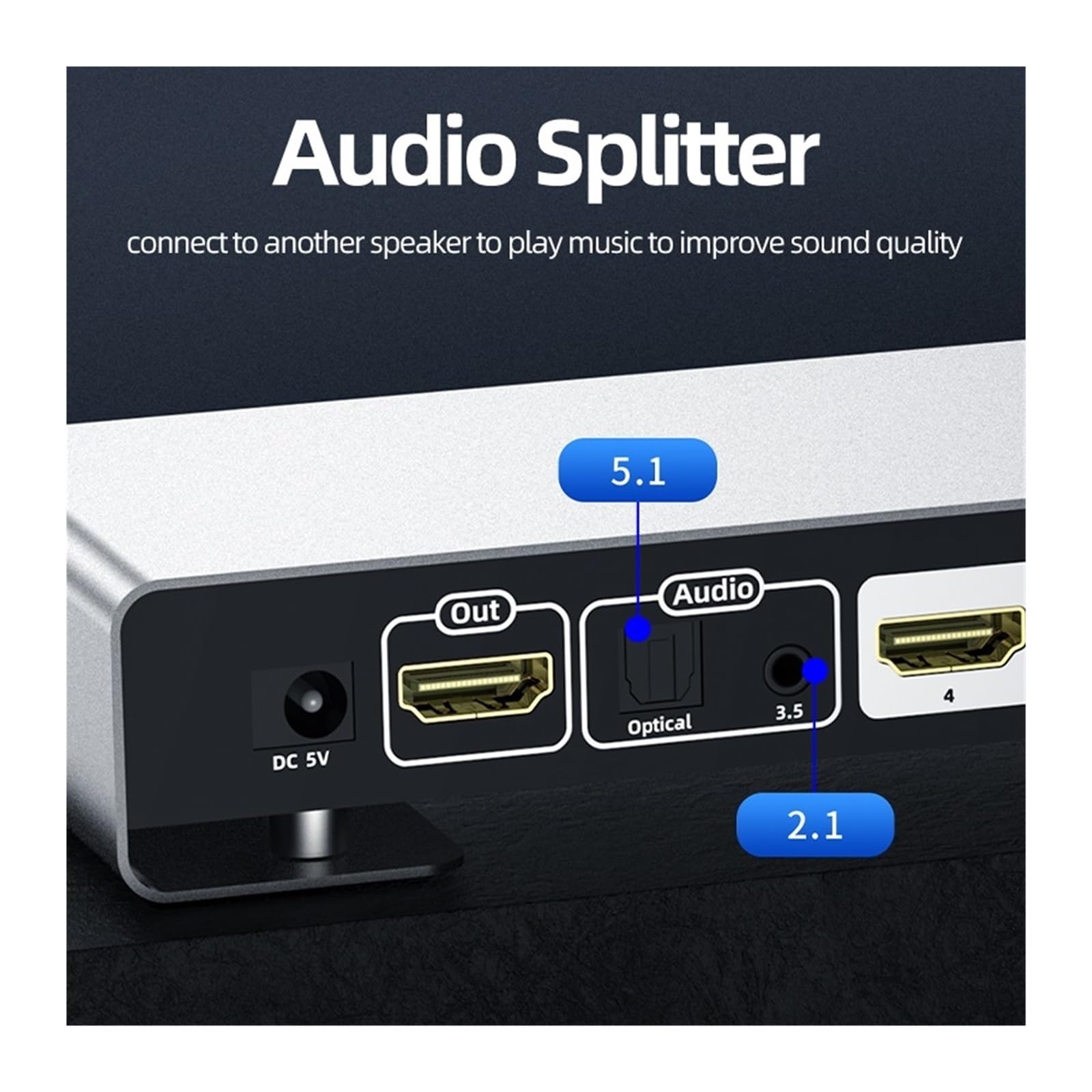Commutateur 4x1 4K@60Hz Commutateur 4 Entrées 1 Sortie avec Convertisseur Audio Optique 5.1 3.5mm for Amplificateur D'ordinateur Portable PS5 Xbox TV