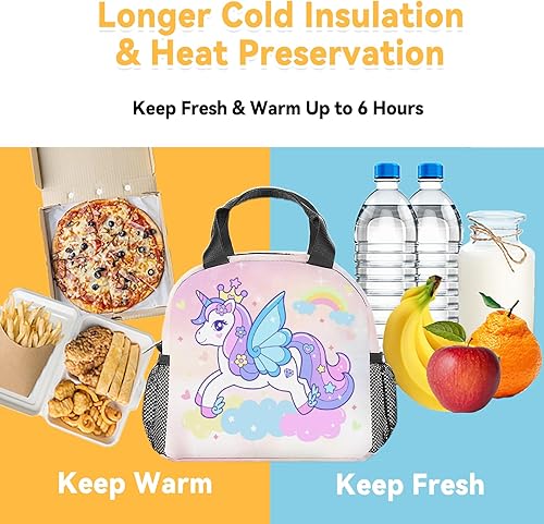Miniatura 6 de Lonchera de unicornio para niños, lonchera aislada para niñas y niños, lindas bolsas de almuerzo blancas reutilizables, pequeña con bolsillos, bolsa
