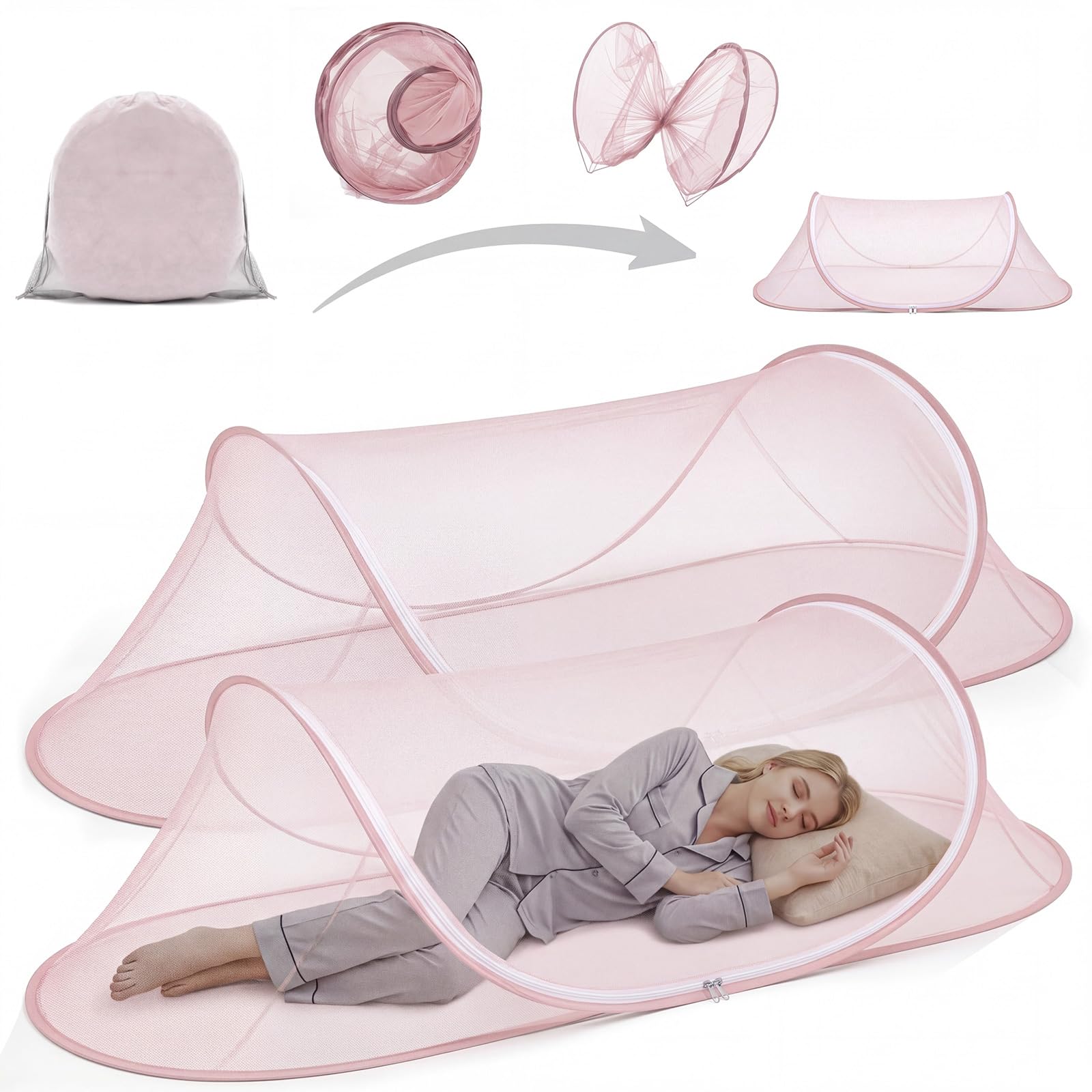 2 Pcs Mosquito Netting for Camping Bed 78 * 31 * 22 Inch, Pink