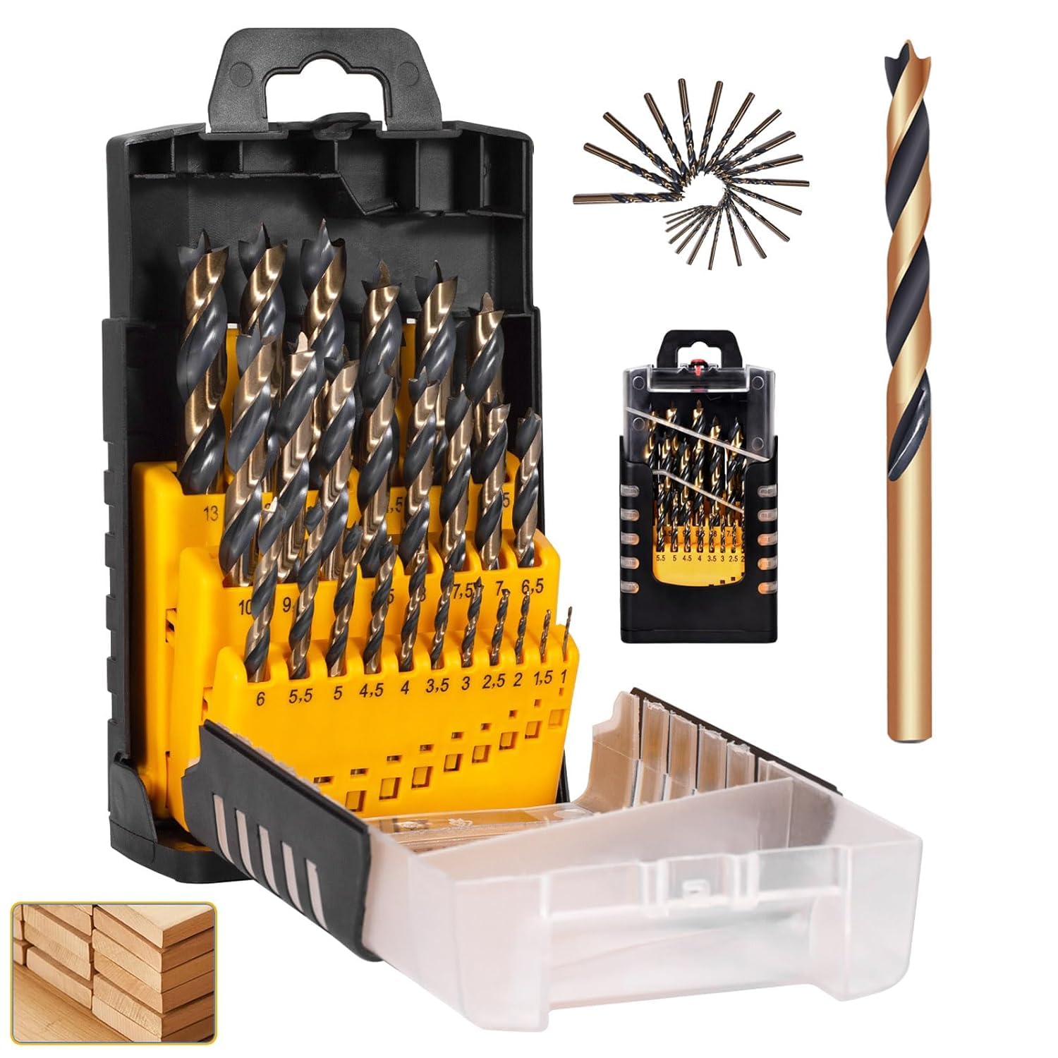 Holzbohrer Set 1-13mm, 25tlg, Wood Drill Bit Set [anhaltend Scharf & Präzise] HSS-G Bohrerset - Bohrer Set Holz - Holzspiralbohrer Set Mit brad point, 0,5mm Schritte