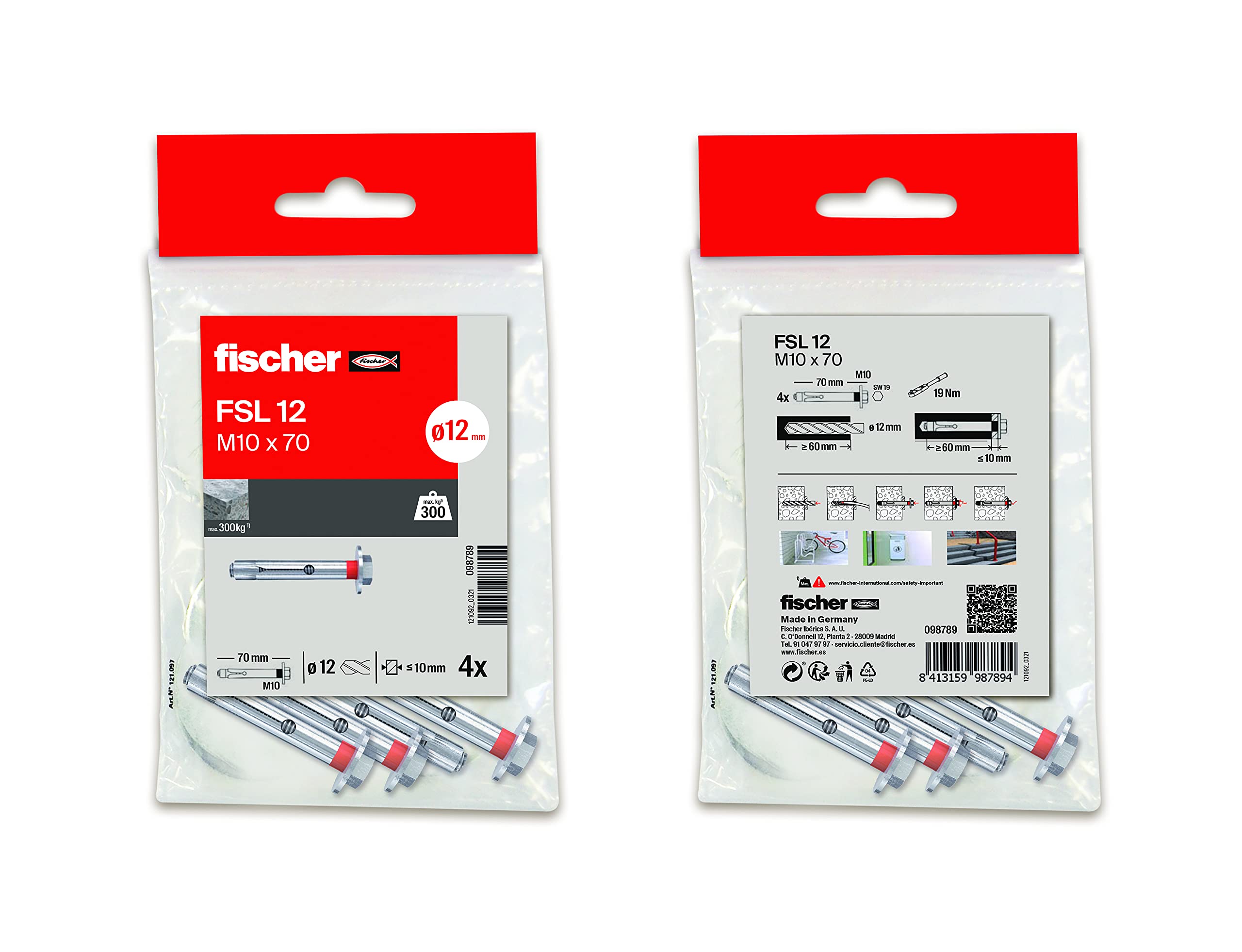 Fischer Multicoloured - Metal Expansion Anchor, Concrete Dowels, Wall, Bag Of 16 Fsl M10 X 70