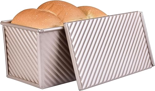 Molde antiadherente para pan Pullman con tapa, 450g Rectángulo ondulado para hornear en el horno, capacidad para masa 21,1 x 12,2 x 10,9 cm (Oro