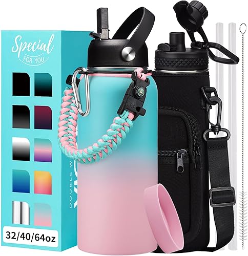 Miniatura 43 de Botellas de agua de 32 onzas aisladas con pajita y tapa para beber de un sorbo, asa de paracord, bolsa de transporte con correa, termo de triple