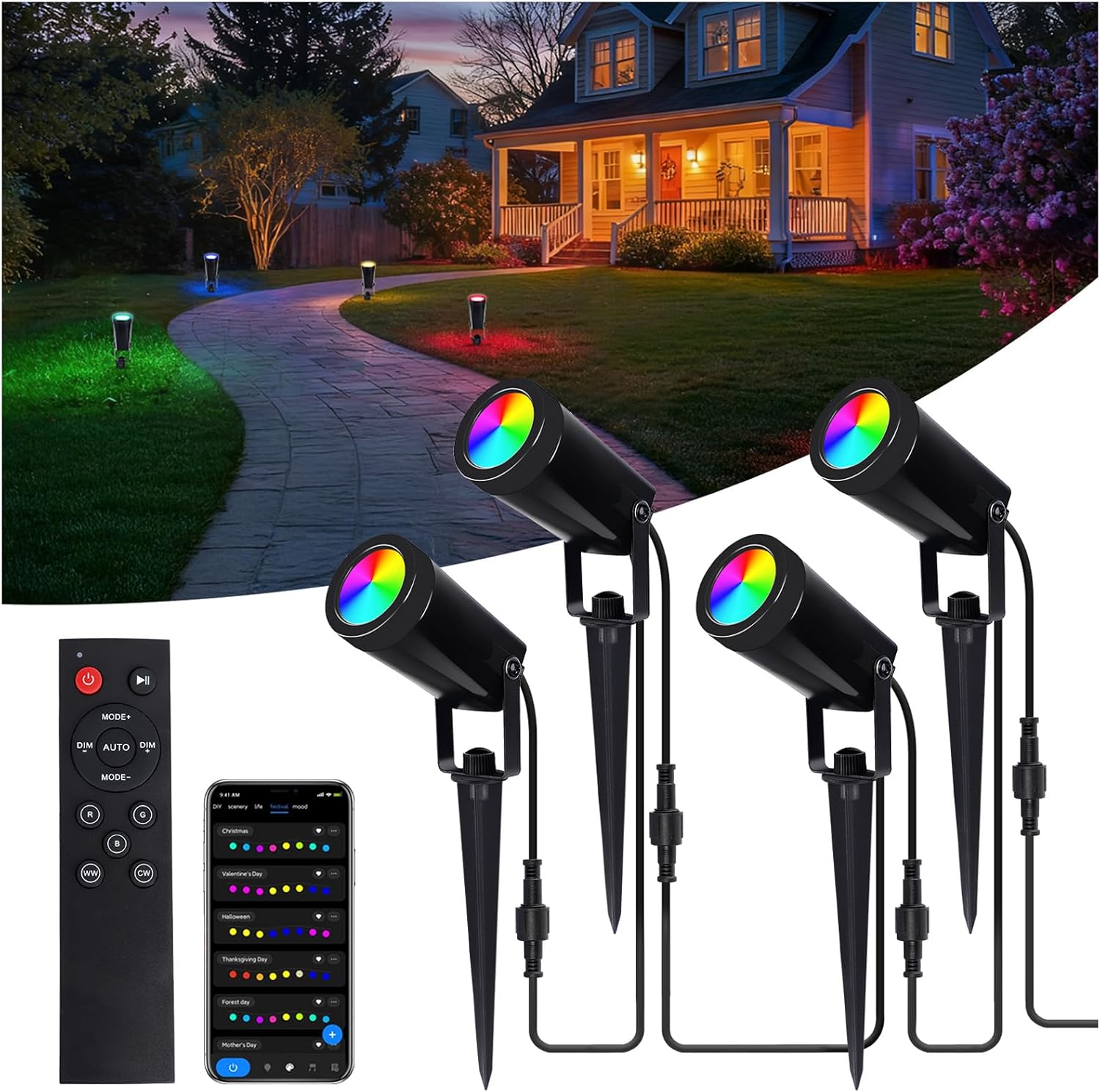 GOOGO Garden Lighting with Power, 4-in-1 RGBCW LED Garden Light with App and Remote Control, Adjustable Colour Temperature, IP65 Waterproof Outdoor Lighting for Lawns and Driveways