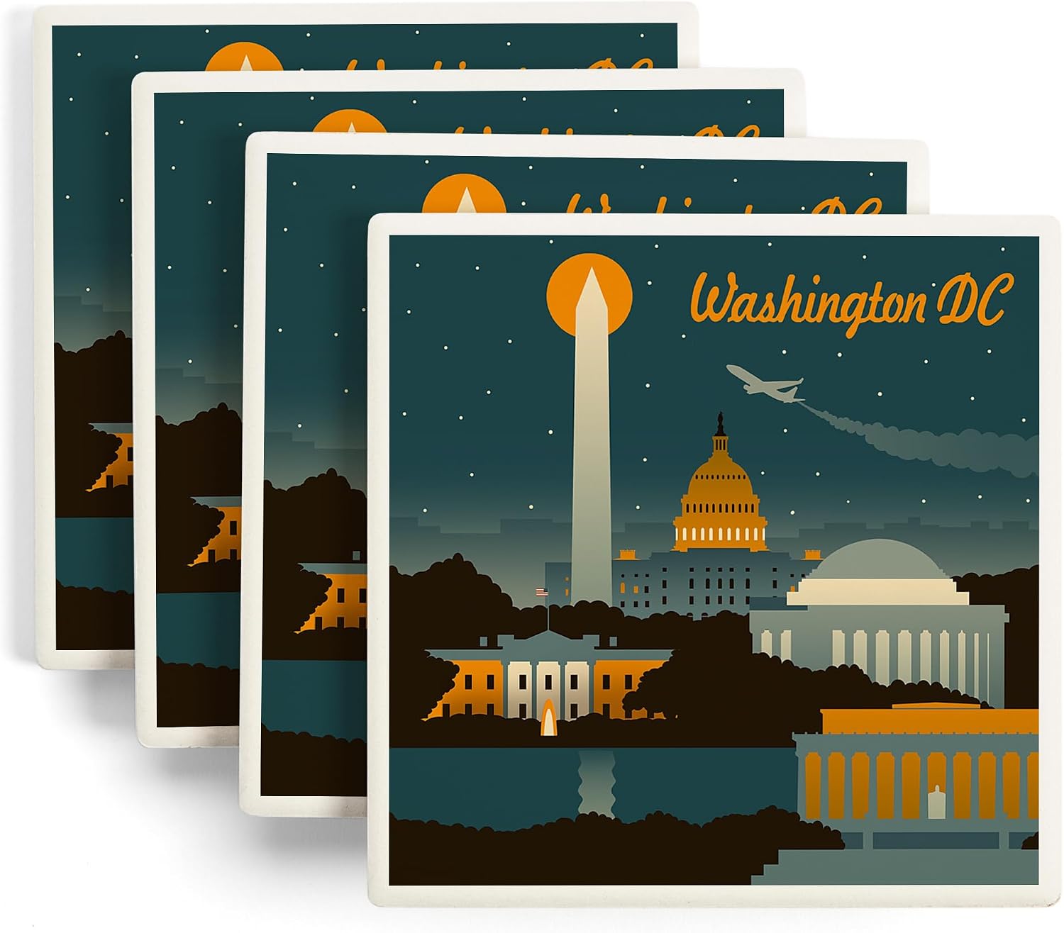 Lantern Press Washington, DC, Retro Skyline (Absorbent Ceramic Coasters Set of 4 Matching Images, Cork Back, Kitchen Table Decor)