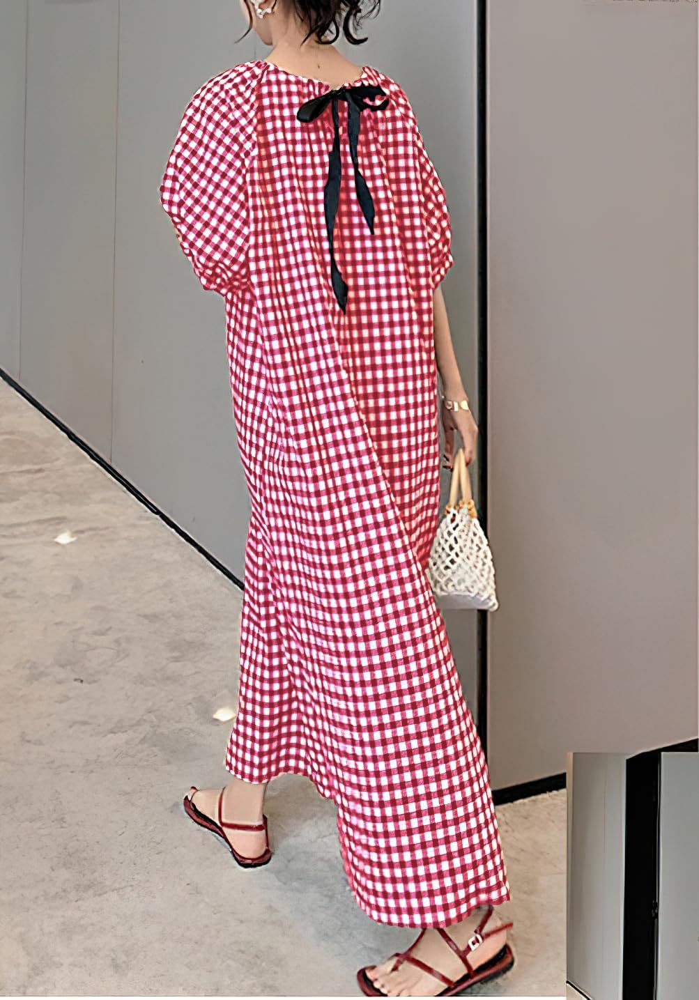 chouyatou Women's Casual Gingham Loose-Fit Swing Dress Cotton Lantern Puff Sleeve Plaid Midi Long Dress - Image 2